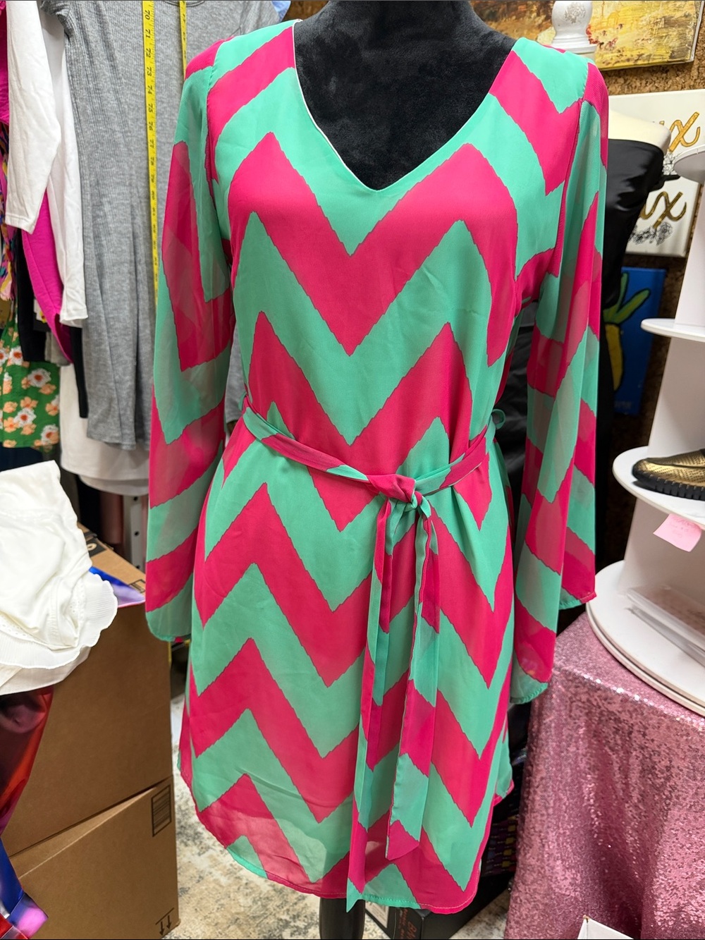 Tinley Pink & Mint Chevron V-Neck Tie-Waist Dress